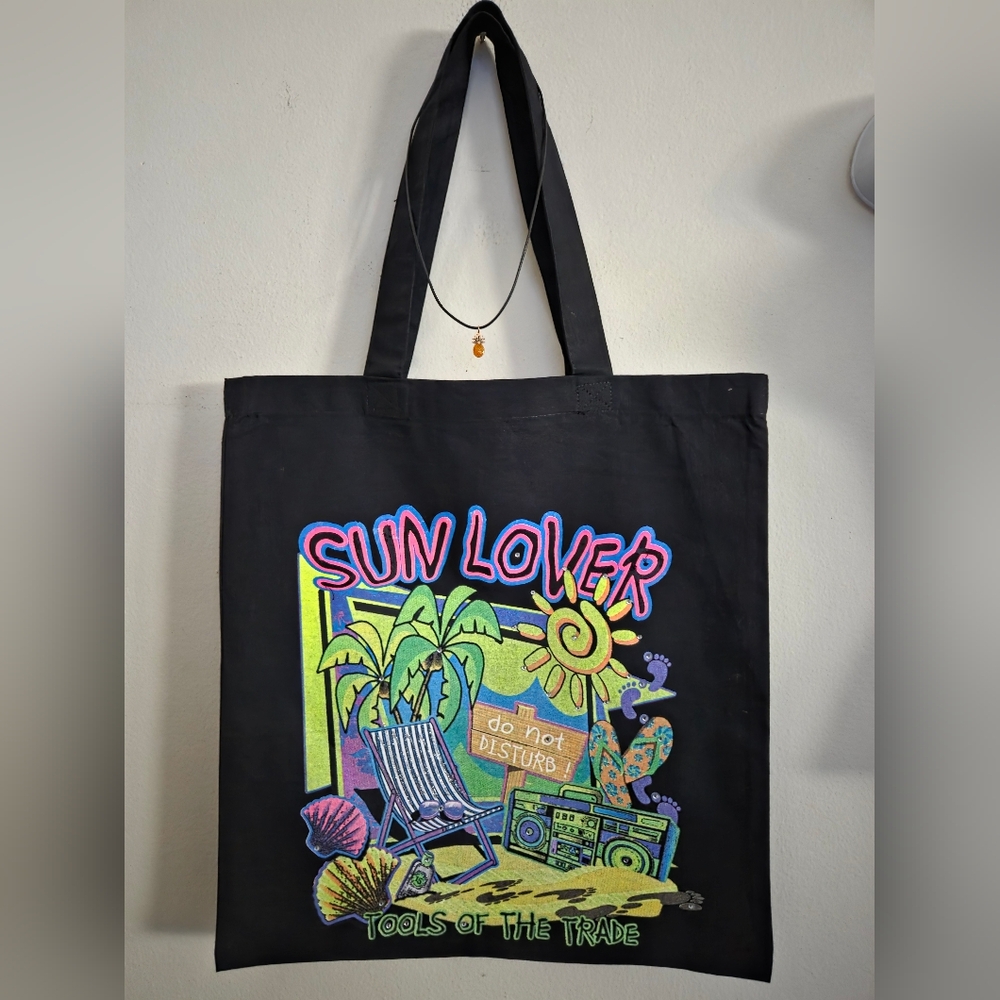 Tropical Graphic Black Tote Bag & Free Necklace